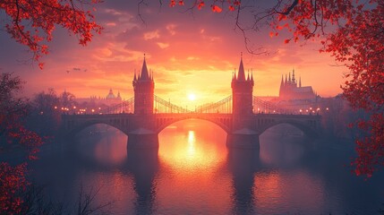 Naklejka premium Autumnal sunrise over a bridge