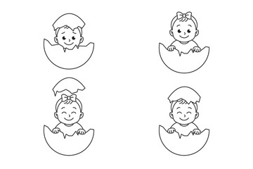 Cute outline baby girl hatching from egg vector set