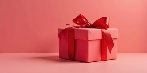 A Pink Gift Box with a Crimson Ribbon Bow on a Matching Background