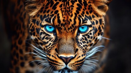 Naklejka premium Closeup Leopard with Blue Eyes Captivating Gaze Wild Cat Portrait Majestic Creature Wildlife Photography