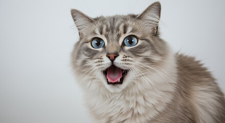 Obraz premium Grey and White Fur Cat with Striking Blue Eyes Mouth Open and Tongue Licking its Nose On a Clean White Background In a Studio Light For Decoration
