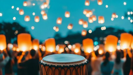 Wooden drum in focus against a dreamy background of floating lanterns at night.