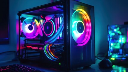 Colorful gaming PC setup with vibrant lights in a dark room