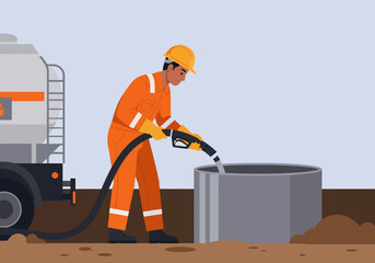 Oil Tanker Worker Filling Tank with Gasoline fuel