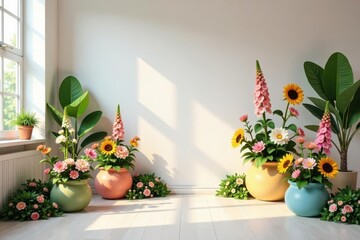 Bright and Cheerful Room Decor Featuring Vibrant Flower Arrangements in Stylish Pots