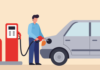 Man Filling Car at Gas Station Flat Illustration