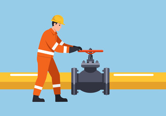 Worker Closing Gas Pipeline Valve Illustration Safety Gear