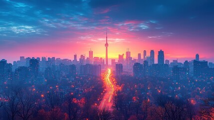 Fototapeta premium Sunrise over a vibrant city skyline