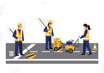 Road workers applying white lines on asphalt pavement