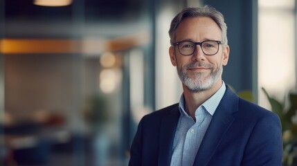 Naklejka premium Professional man in office setting, smiling confidently