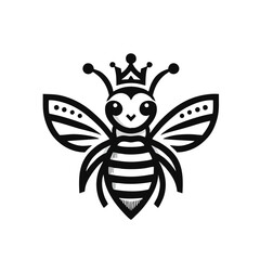 Front Facing Cute Queen Bee Logo, Symmetrical, Flat Lines, Vector Illustration