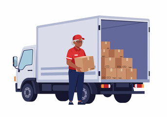Delivery Woman Unloading Boxes from a White Cargo Truck