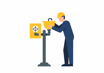 Safety Worker Using Emergency Eye Wash Station In Factory