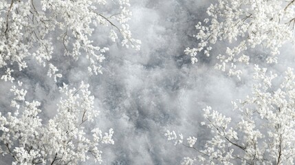 Serene Winter Branches Frost-Kissed Blooms Against a Misty Grey Sky