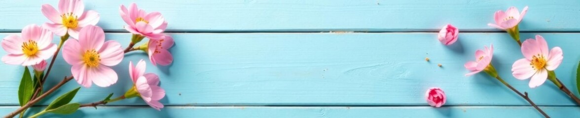 Naklejka premium Delicate spring blooms on pastel blue wooden surface, elegant floral display, seasonal decoration, blooms, surface