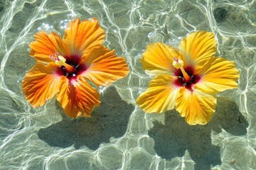 Vibrant orange and yellow hibiscus flowers on water
