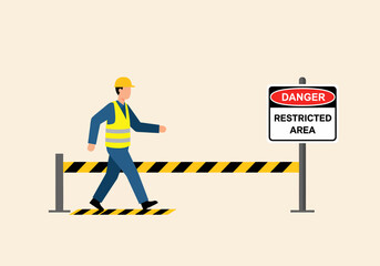 Worker in Hard Hat Walking Towards Danger Sign
