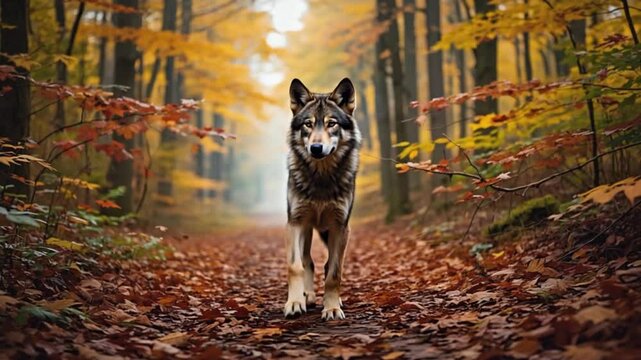 Wolf walking on a leaf covered path in the autumn forest with orange and yellow trees around it
