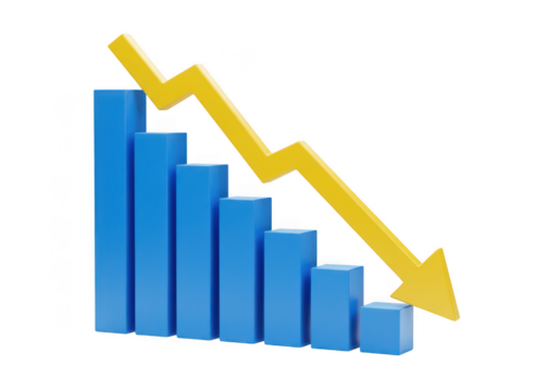 A decreasing bar graph with blue bars and a yellow arrow view isolated on transparent background