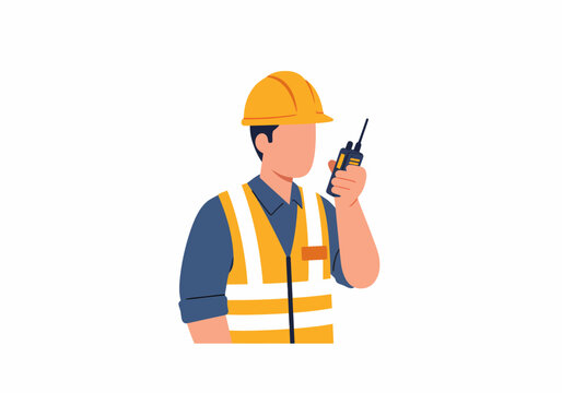 Construction worker communicating via radio on construction site