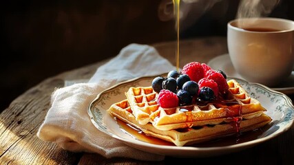 Delicious waffles with berries and syrup, accompanied by a warm cup of tea. - Powered by Adobe