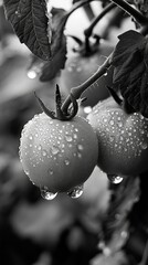 Freshly watered tomatoes on the vine. Close-up view of two ripe, round tomatoes covered in water droplets, hanging on a branch with leaves