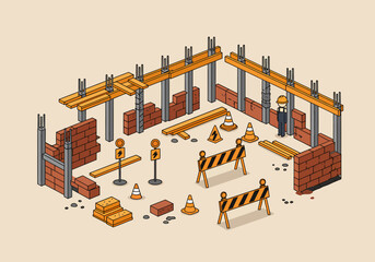 Illustration of Under Construction Site Elements With Traffic Cones