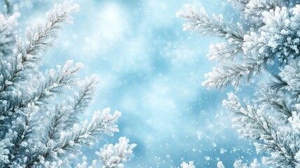 Frosty Winter Wonderland Snow-Covered Pine Branches and Soft Blue Sky Background