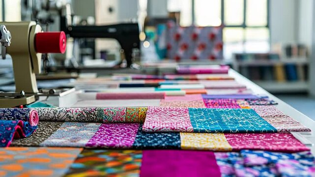 Colorful fabric swatches arranged on a table near sewing machines.