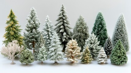 Obraz premium Collection of Miniature Snow-Covered and Evergreen Trees for Holiday Decoration and Model Building