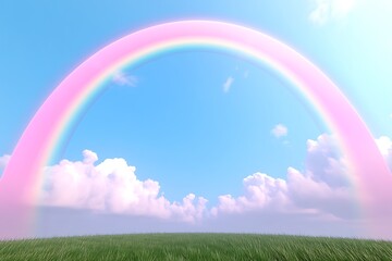 Naklejka premium Pastel Rainbow Arcing Over Lush Green Field and Fluffy Clouds A Dreamlike Sky Scene