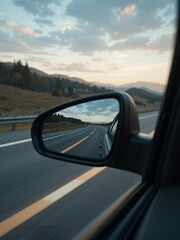 Rear view side mirror of a car on a highway, seen through the rear view mirror.