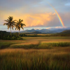 Serene Sunset Landscape with Palm Trees and Rainbow Over Golden Fields