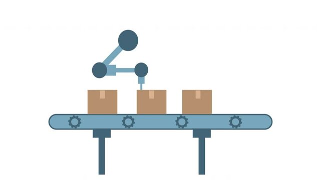 robot working at the conveyor belt, animated