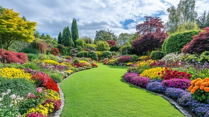 Lush Spring Garden Landscape with Colorful Flowers and Green Lawn