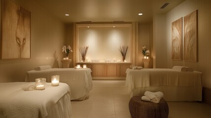 Tranquil spa room with candles, towels, and serene decor