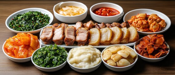 Assorted Korean food dishes on a wooden table