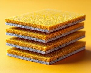 Fototapeta premium Stack of vibrant yellow sponges on a bright orange background, ideal for cleaning