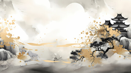 clouds with gold and black swirls landscape illustration abstract background decorative painting