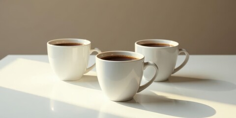 Three ceramic coffee cups filled with dark roasted coffee beans brew sitting on a bright white table illuminated by sunlight