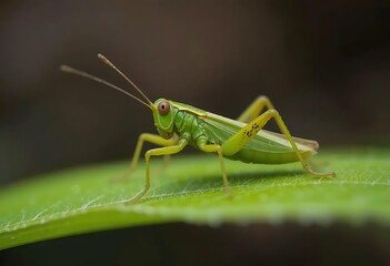 Fototapeta premium Grasshopper Resting on Green Leaf Detailed Macro Shot