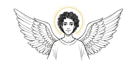 Fototapeta premium Detailed angel illustration with wings and halo in black and white