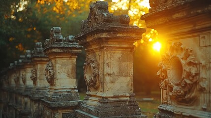 Ornate stone balustrade bathed in golden sunlight