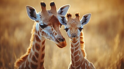 Naklejka premium Mother Giraffe and Calf in Golden Hour Light