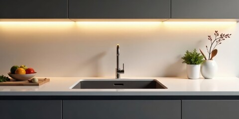 Modern Kitchen Design Featuring Integrated Under-Cabinet Lighting and Sleek Minimalist Sink