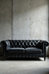 Elegant Black Leather Chesterfield Sofa Against a Textured Concrete Wall
