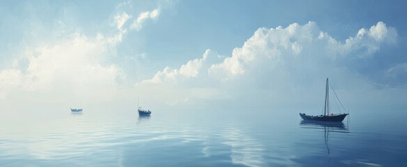 Serene water scene with small boats and clouds.