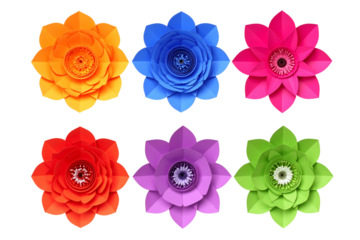  Set of Colorful Paper Flowers Isolated on Transparent Background
