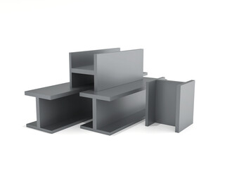 Multiple steel I beams and H beams isolated on white background. Ideal for construction, engineering, metalwork, architectural projects, and structural design presentations. Clean and professional lay