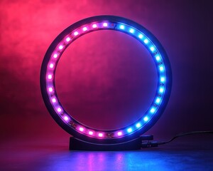 Colorful LED ring light illuminating a dark space with vibrant pink and blue hues